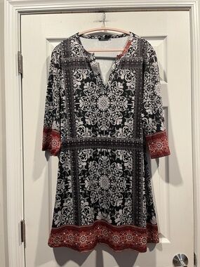 Lily Black & White Medallion Mini Dress with Red Trim Boho, Lightweight
